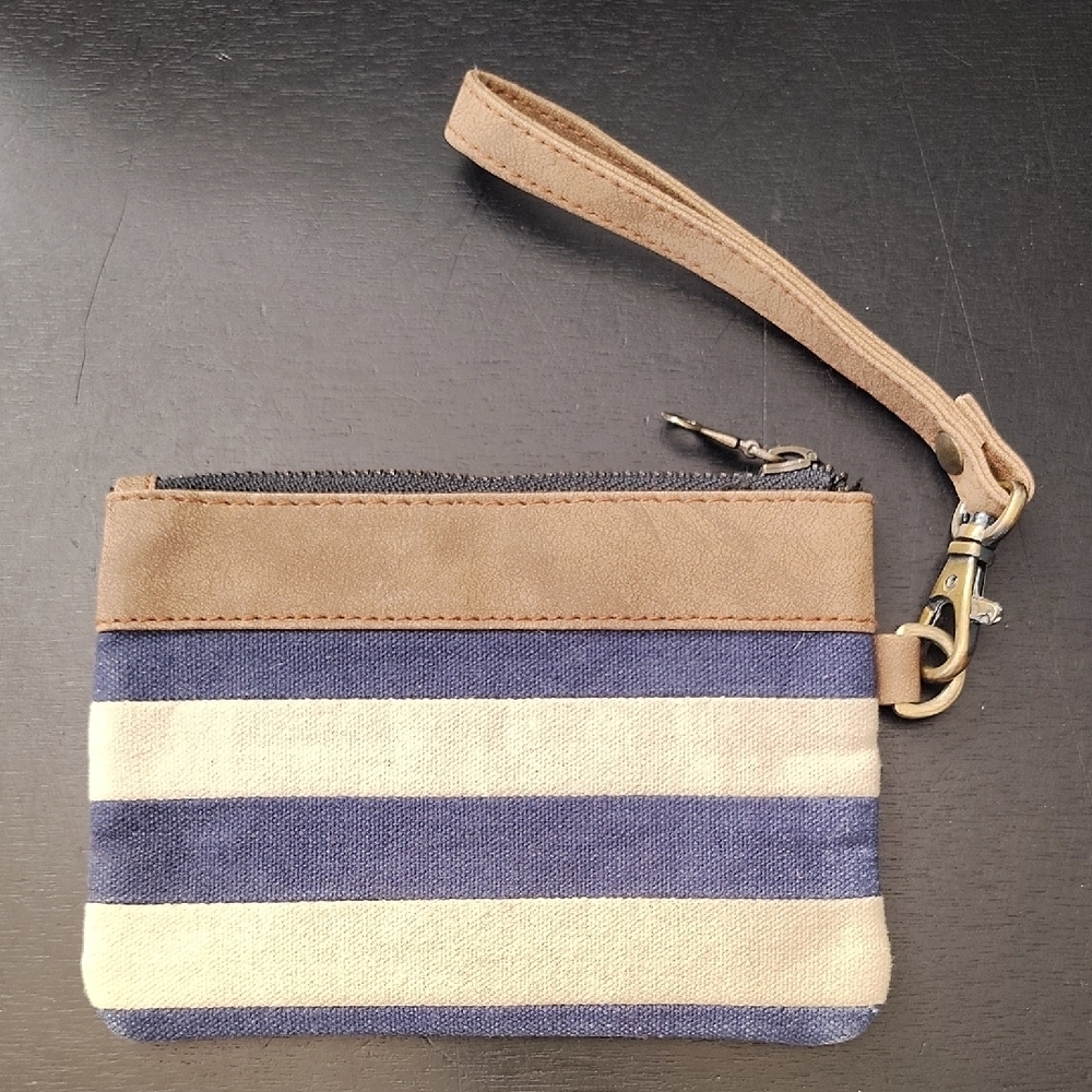 Canvas Wristlet Wallet Blue Brown Stripe Zip Top 5 X 4
